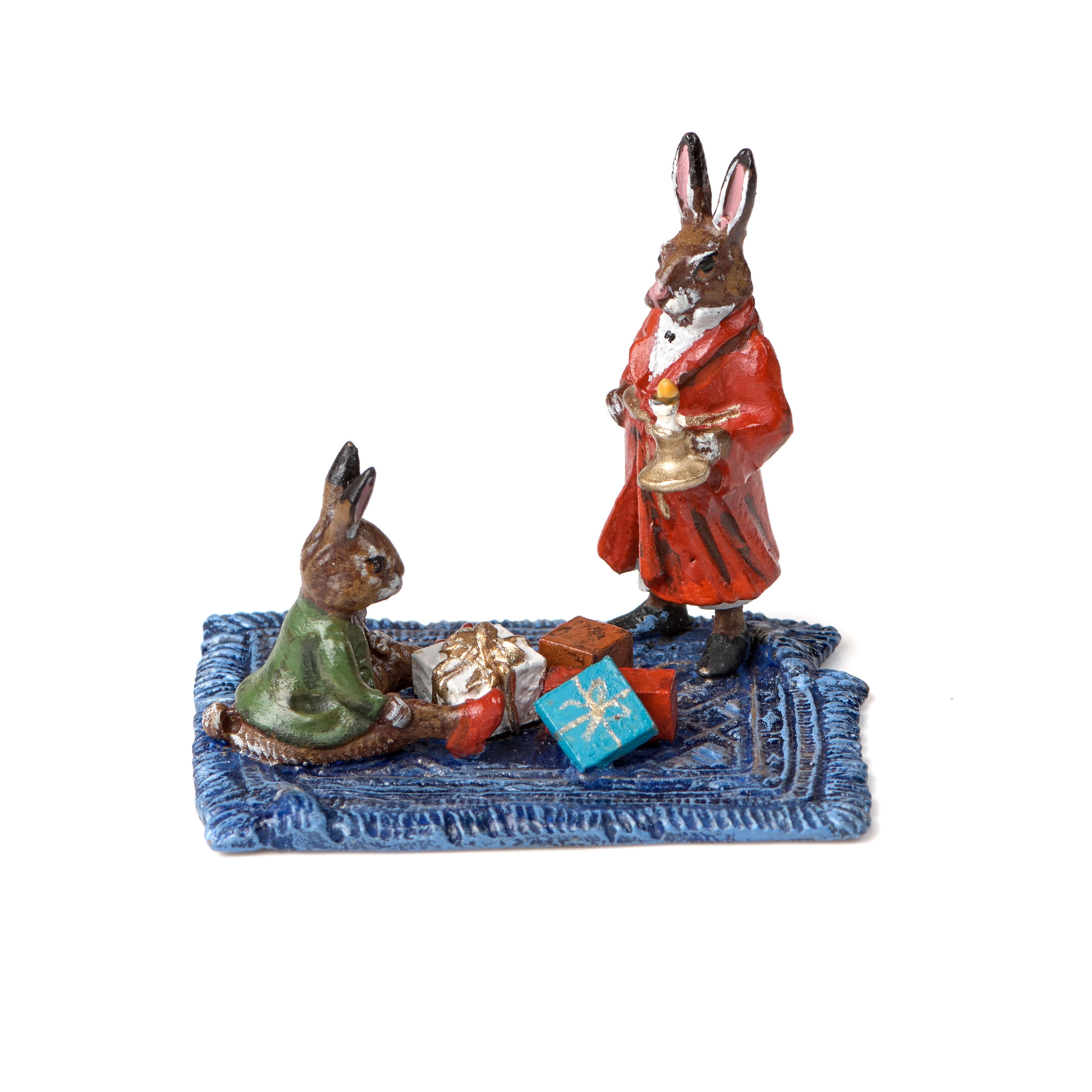 Austrian Bronze Rabbits on Carpet with gifts